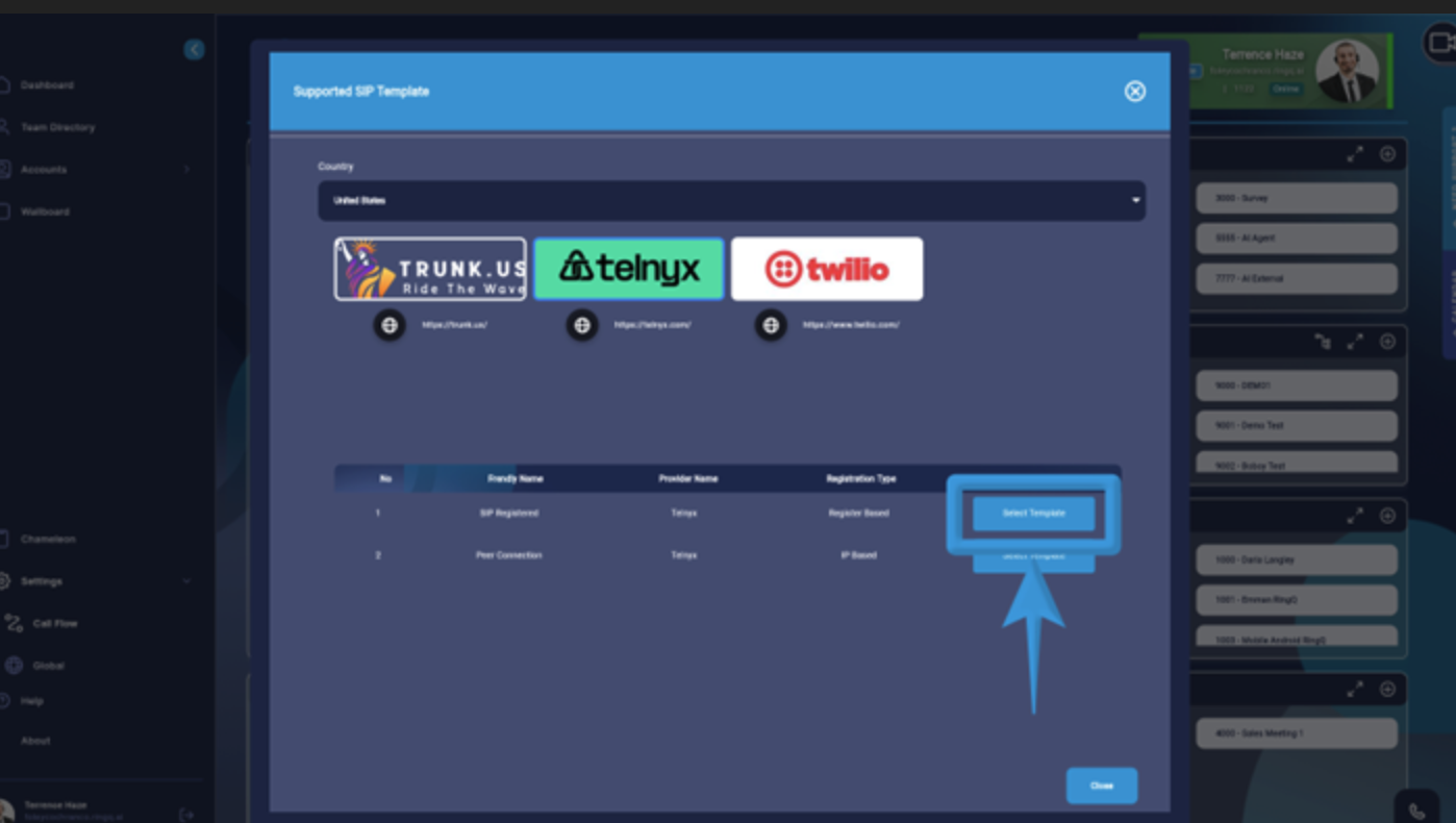 Select the SIP Trunk Template